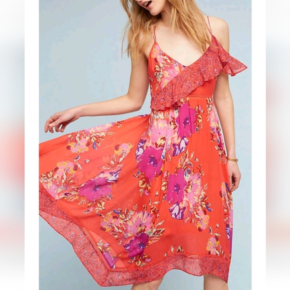 Maeve Anthropologie Sz 0 Grecia Ruffle Asymmetrical Midi Dress Red - Picture 1 of 11